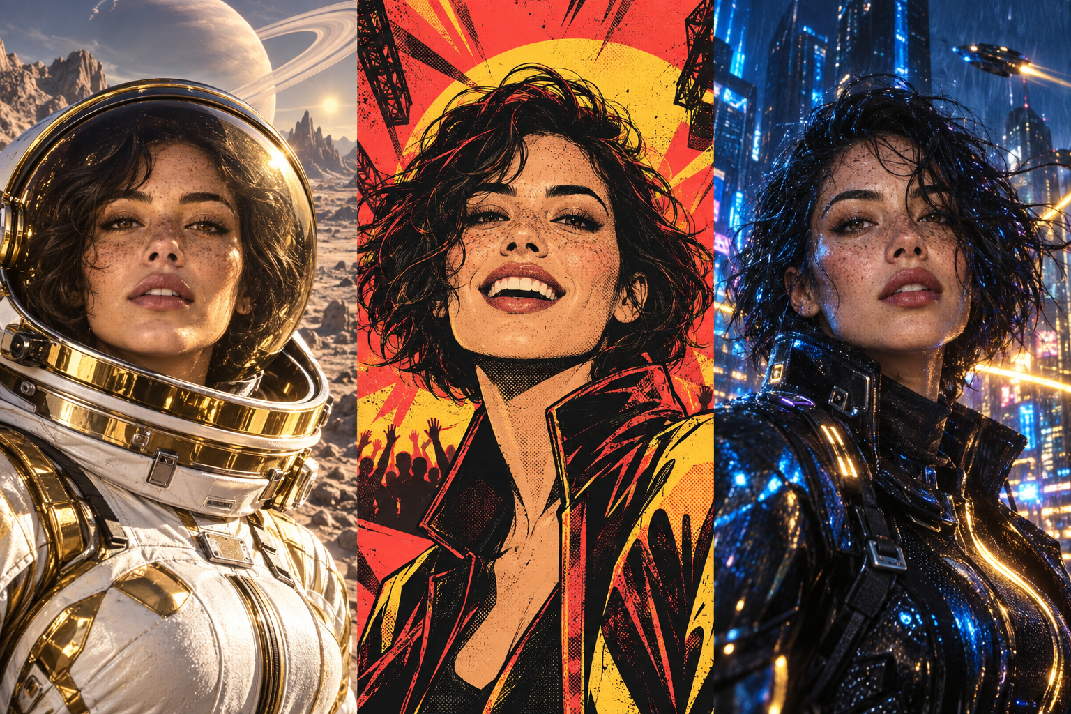 KI-Beispielportraits: Astronautin, Comicfigur und Cyberpunk-Heldin